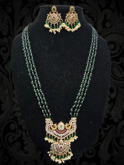Dark Green Beaded Necklace Set with Big Pendant/Earrings