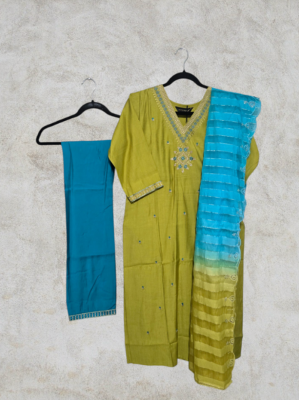Silk Salwar Set with Embroidery and Scallops