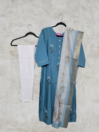 Silk Salwar Set with Embroidery and Bead Work (Blue)