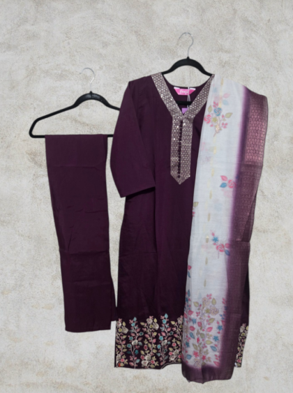 Silk Salwar Set with Embroidery (Wine)