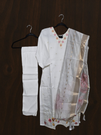Silk Salwar Set with Embroidery (White)
