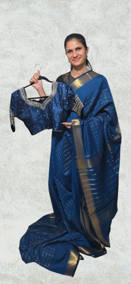 Mangalagiri Silk Saree with Stitched Blouse (Peacock Blue)
