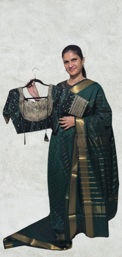 Mangalagiri Silk Saree with Stitched Blouse (Green)