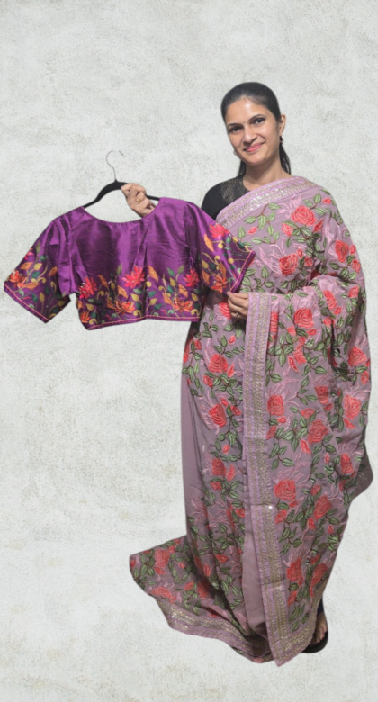 Lavender Embroidery Designer Saree with Stitched Blouse