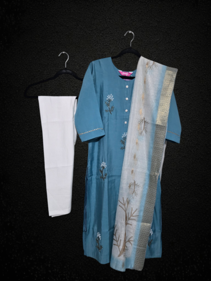 Silk Salwar Set with Embroidery and Bead Work (Blue)