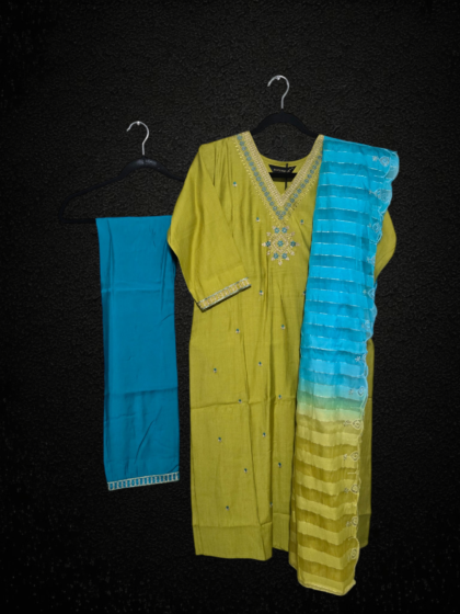 Silk Salwar Set with Embroidery and Scallops