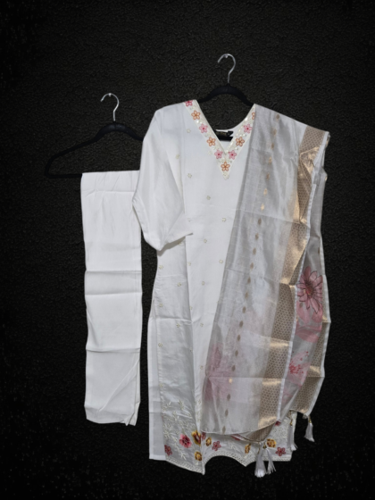 Silk Salwar Set with Embroidery (White)