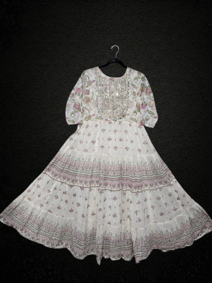 Floral Mul Cotton Gown with Mirror Work (White)
