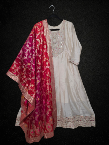 Party Wear Long Gown with Banarasi Dupatta (Champagne)